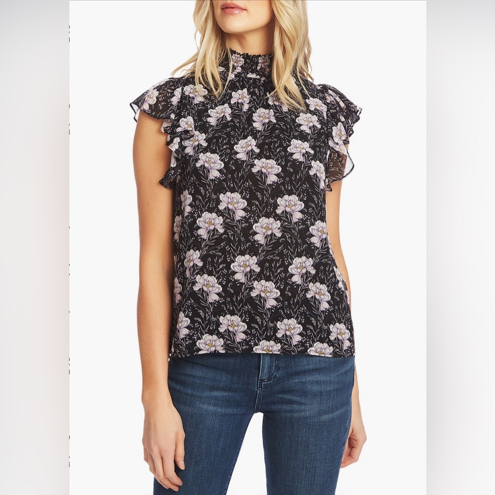 Slate Flutter Sleeve Smocked Neck Women’s Flowered Blouse Work or Play Black